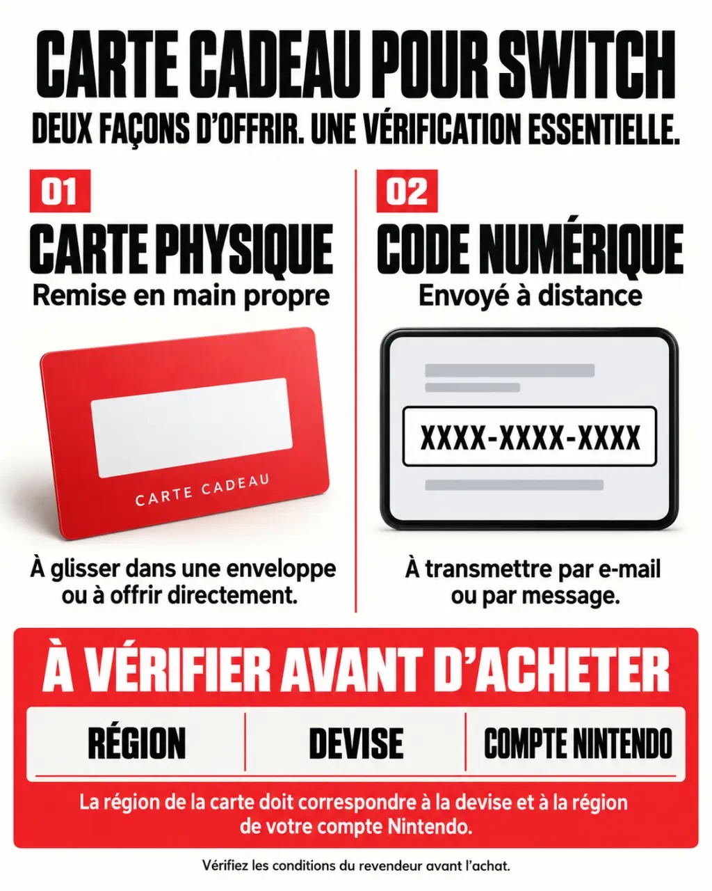 Carte cadeau Nintendo Switch physique ou code numérique avec rappel sur la région du compte