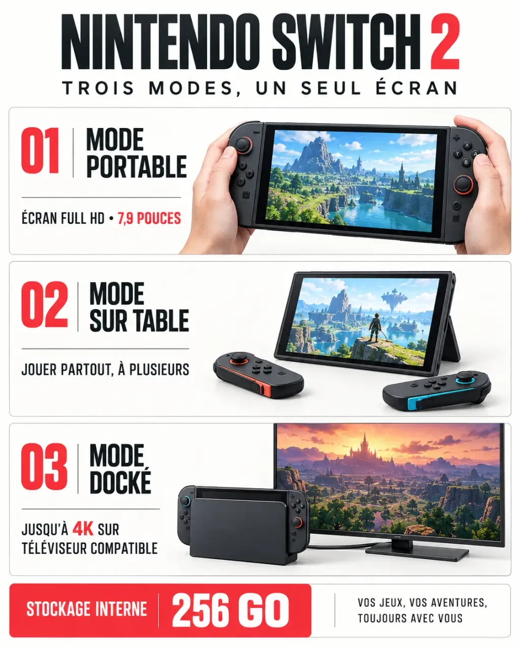 Infographie Nintendo Switch 2 Micromania présentant les modes portable, sur table et docké