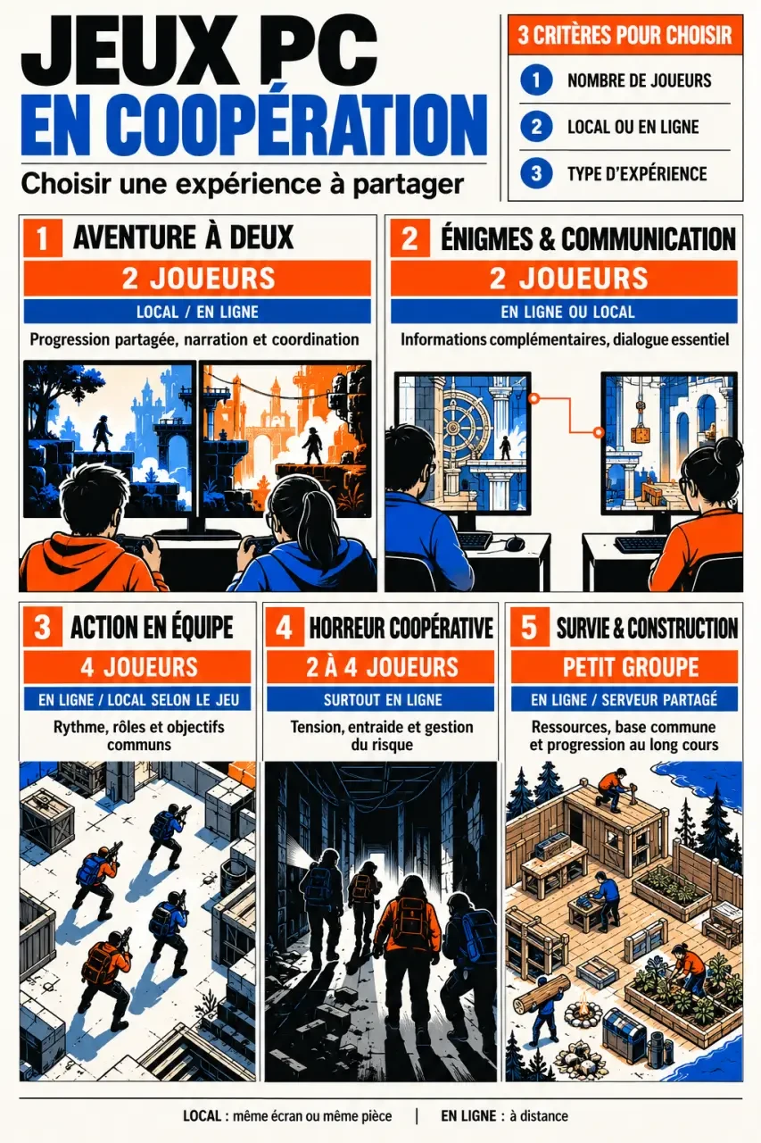 Infographie comparative des jeux en coop PC selon le nombre de joueurs et le mode de coopération