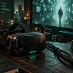 Film réalité virtuelle : casque VR sur bureau, réseau lumineux