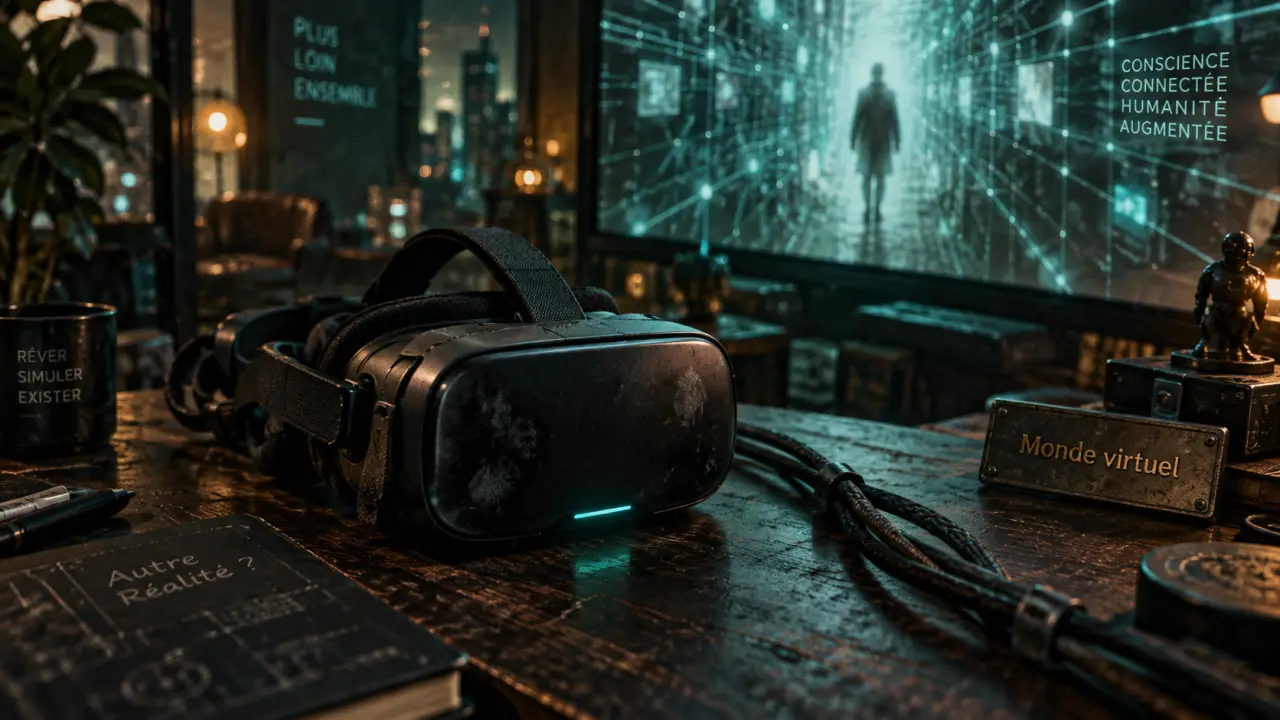 Film réalité virtuelle : casque VR sur bureau, réseau lumineux