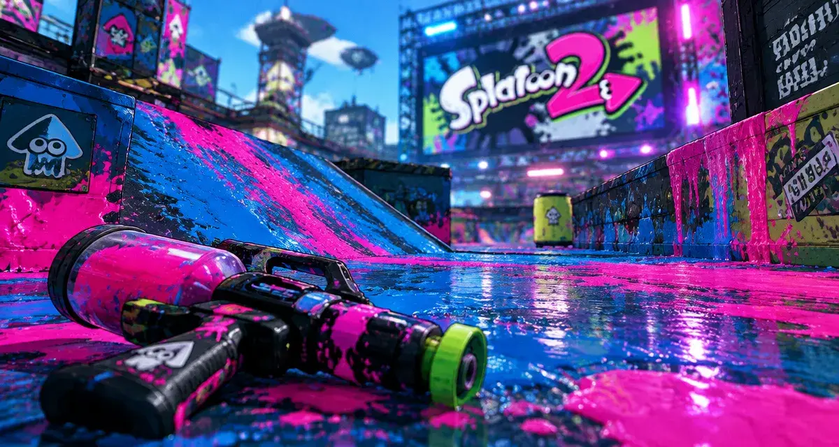Nintendo Splatoon 2 Switch : encre bleue et rose sur terrain