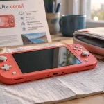 Nintendo Switch Lite rose posée sur un carnet, vue bureau