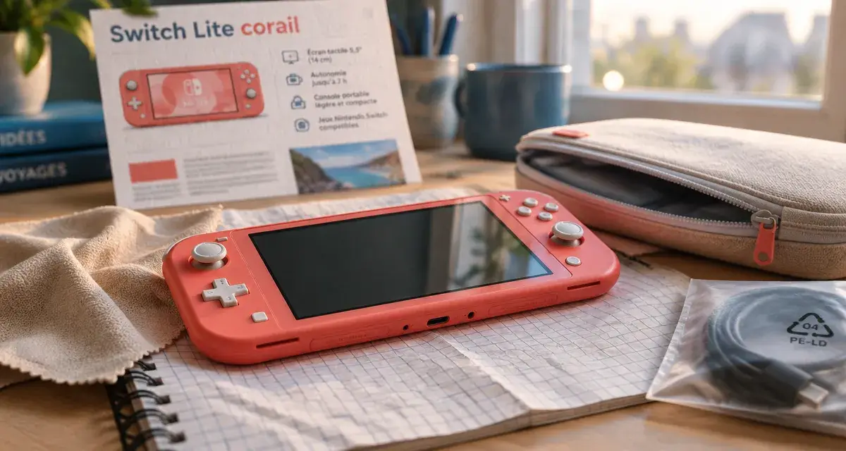 Nintendo Switch Lite rose posée sur un carnet, vue bureau