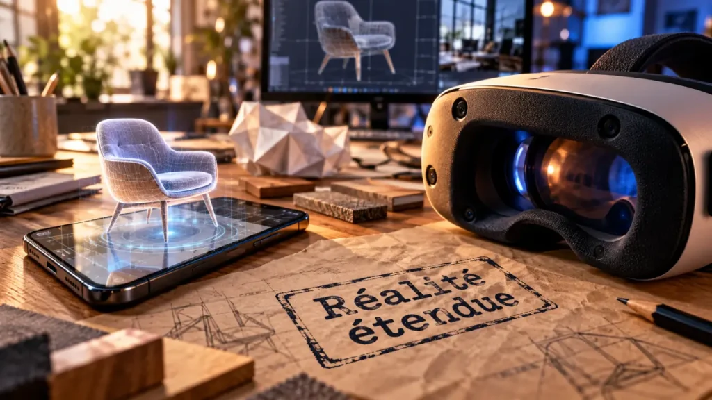 Réalité virtuelle et réalité augmentée : casque VR et smartphone AR au bureau